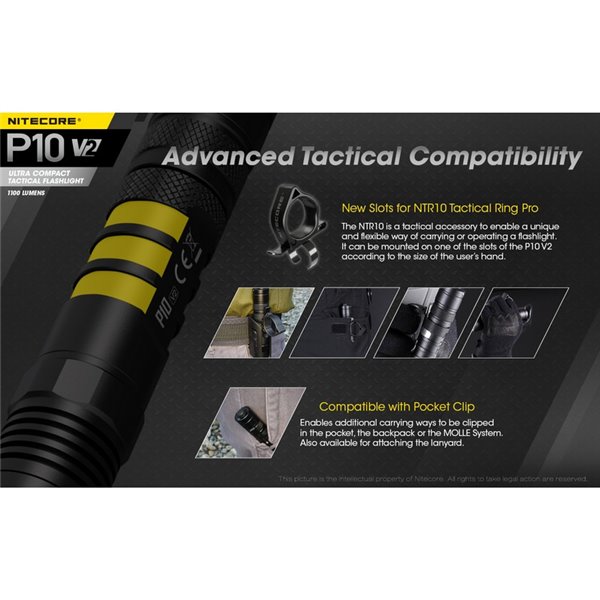 Lanterna portátil ultracompacta Nitecore P10 V2 de 1100 lúmens, alcance de 201 metros, estroboscópio, IP68