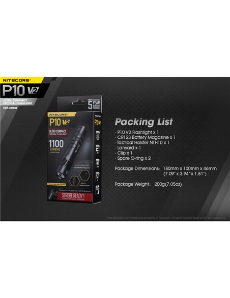 Linterna de mano P10 V2 Nitecore 1100 lúmenes ultra compacta 201 metros alcance, estroboscópica IP68