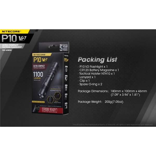 Linterna de mano P10 V2 Nitecore 1100 lúmenes ultra compacta 201 metros alcance, estroboscópica IP68