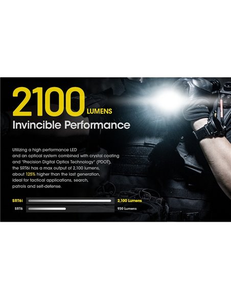 Lanterna portátil leve SRT6i com efeito estroboscópico, 2100 lúmens, alcance de 510 metros, inclui anel tático, IP68
