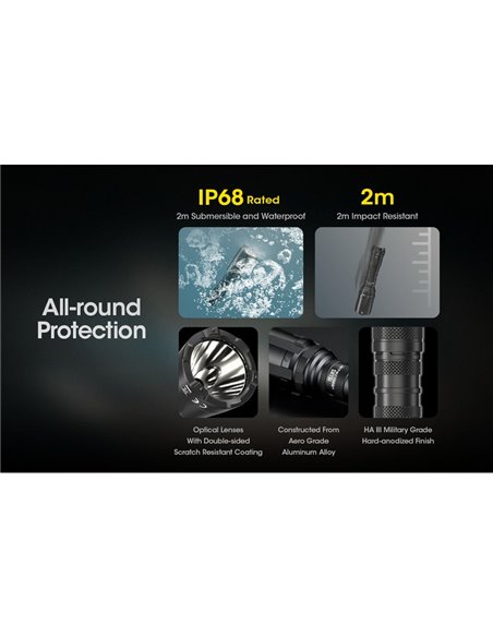 Linterna de mano ligera SRT6i efecto estroboscópico 2100 lúmenes y 510 metros alcance, incluye anillo táctico IP68