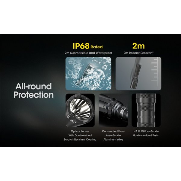 Lampe torche légère SRT6i avec effet stroboscopique, 2 100 lumens, portée de 510 mètres, anneau tactique inclus, IP68