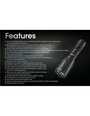 Lampe torche légère SRT6i avec effet stroboscopique, 2 100 lumens, portée de 510 mètres, anneau tactique inclus, IP68