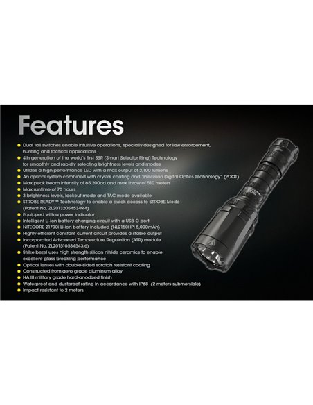 Linterna de mano ligera SRT6i efecto estroboscópico 2100 lúmenes y 510 metros alcance, incluye anillo táctico IP68