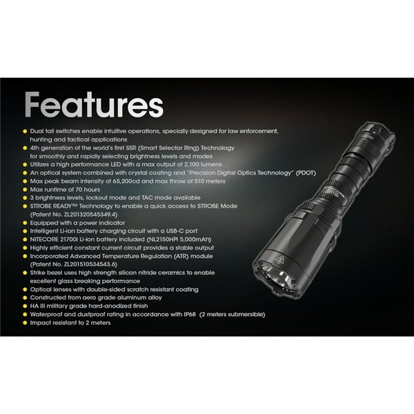 Lampe torche légère SRT6i avec effet stroboscopique, 2 100 lumens, portée de 510 mètres, anneau tactique inclus, IP68