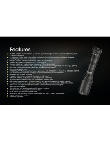 Lampe torche portable SRT7i 3000 lumens, portée de 580 mètres, USB-C, NL2150HPi, batterie Li-ion 5000 mAh, IP68