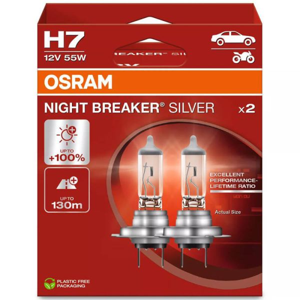 Bombilla H7 OSRAM NIGHT BREAKER SILVER | +100% Luz y Mayor Duración Pack 2Uds. 64210NBS-2HB | LeonLeds