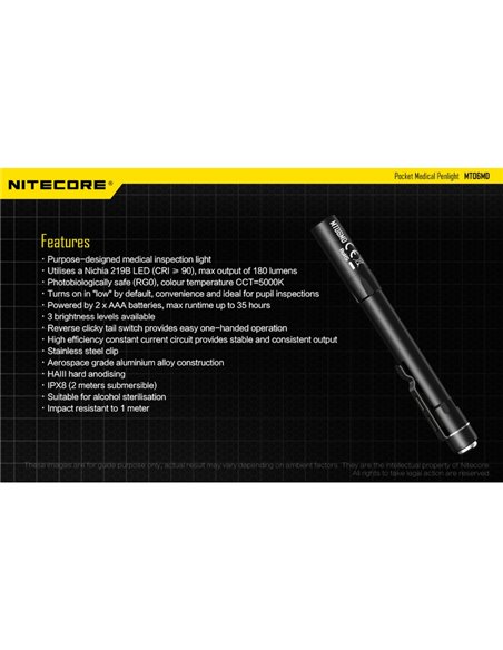 Linterna ligera y compacta MT06MD para uso clínico y primeros auxilios, anti deslumbramiento 180Lm Alto CRI