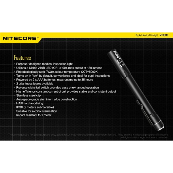 Linterna ligera y compacta MT06MD para uso clínico y primeros auxilios, anti deslumbramiento 180Lm Alto CRI