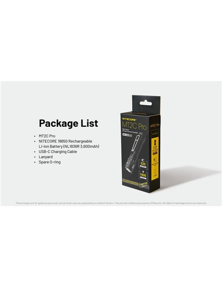 Lanterna LED compacta portátil MT2C PRO de 1800 lm com alcance de 520 m, bateria recarregável NL18650 de 3.600 mAh, IP68