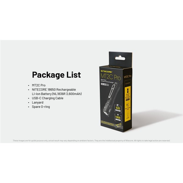 Linterna LED de mano compacta MT2C PRO 1800Lm y 520m alcance, batería recargable NL18650 3,600mAh IP68