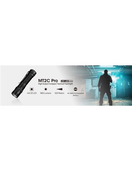 Linterna LED de mano compacta MT2C PRO 1800Lm y 520m alcance, batería recargable NL18650 3,600mAh IP68