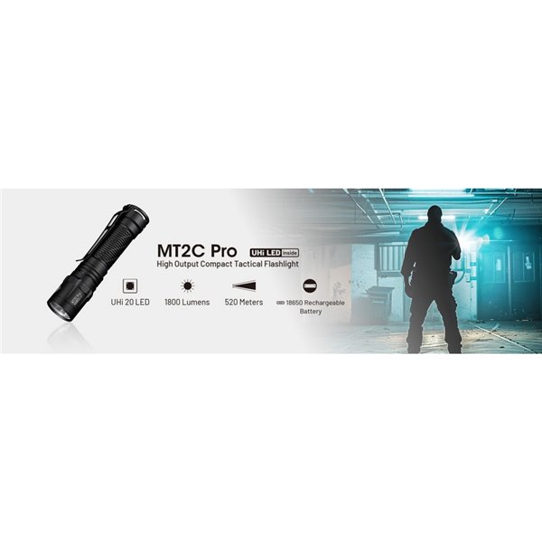 Lanterna LED compacta portátil MT2C PRO de 1800 lm com alcance de 520 m, bateria recarregável NL18650 de 3.600 mAh, IP68