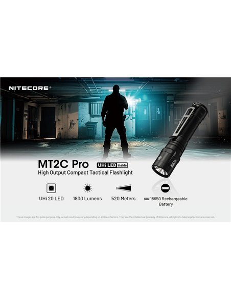 Lampe torche LED compacte MT2C PRO 1800 lm, portée de 520 m, batterie rechargeable NL18650 3 600 mAh, IP68
