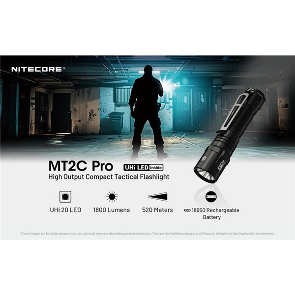 Linterna LED de mano compacta MT2C PRO 1800Lm y 520m alcance, batería recargable NL18650 3,600mAh IP68