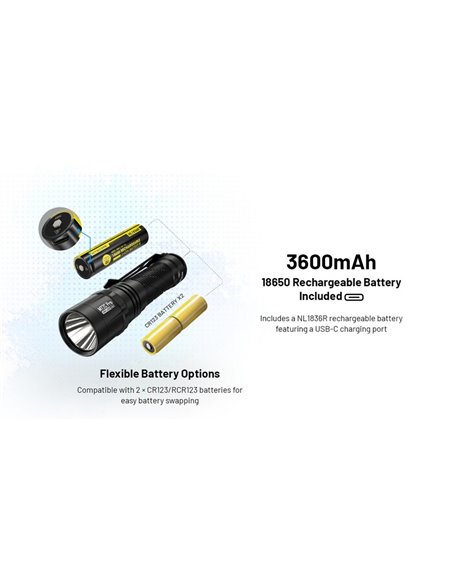 Linterna LED de mano compacta MT2C PRO 1800Lm y 520m alcance, batería recargable NL18650 3,600mAh IP68