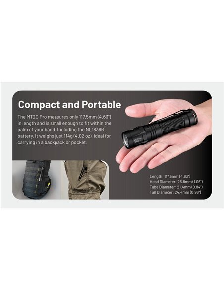 Linterna LED de mano compacta MT2C PRO 1800Lm y 520m alcance, batería recargable NL18650 3,600mAh IP68