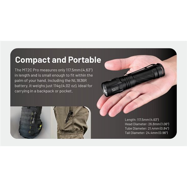 Linterna LED de mano compacta MT2C PRO 1800Lm y 520m alcance, batería recargable NL18650 3,600mAh IP68