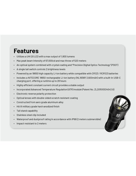 Lanterna LED compacta portátil MT2C PRO de 1800 lm com alcance de 520 m, bateria recarregável NL18650 de 3.600 mAh, IP68