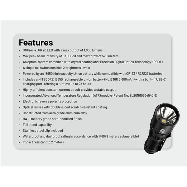 Linterna LED de mano compacta MT2C PRO 1800Lm y 520m alcance, batería recargable NL18650 3,600mAh IP68