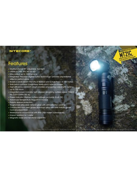 Linterna MT21C multifunción, cabezal orientable 90º, 1000 lúmenes y 184 metros alcance IPX8 sumergible