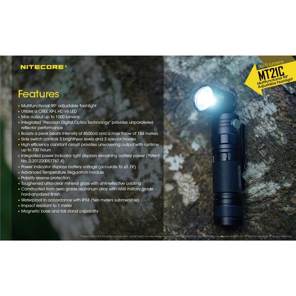 Linterna MT21C multifunción, cabezal orientable 90º, 1000 lúmenes y 184 metros alcance IPX8 sumergible