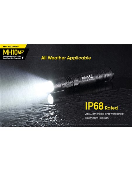 Lampe torche LED compacte MH10 V2, 1 200 lumens, portée de 220 m, stroboscope, rechargeable par USB-C, IP68