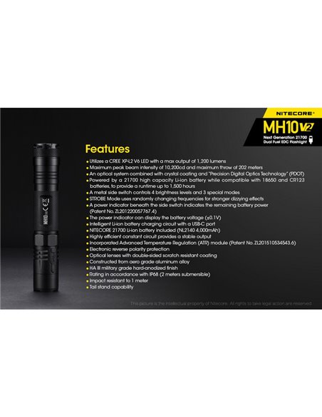 Lanterna portátil compacta LED MH10 V2, 1200 lúmens, alcance de 220 m, estroboscópio, USB-C, recarregável, IP68