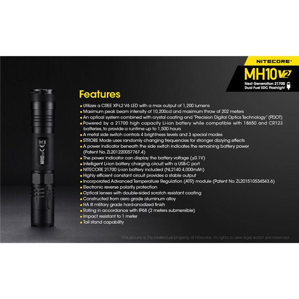 Linterna compacta de mano LED MH10 V2 1200 lúmenes y 220m alcance, estroboscópica USB-C recargable IP68