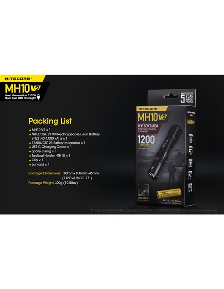 Linterna compacta de mano LED MH10 V2 1200 lúmenes y 220m alcance, estroboscópica USB-C recargable IP68