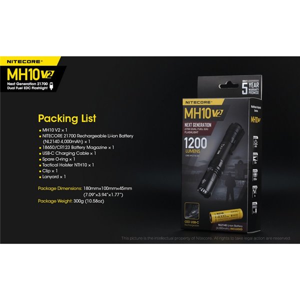 Lanterna portátil compacta LED MH10 V2, 1200 lúmens, alcance de 220 m, estroboscópio, USB-C, recarregável, IP68