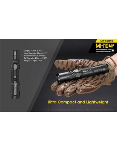 Lampe torche LED compacte MH10 V2, 1 200 lumens, portée de 220 m, stroboscope, rechargeable par USB-C, IP68