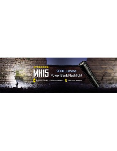 Lanterna portátil MH15 com alcance de 2000lm e 250m, banco de energia integrado de 5000mAh e saída de 18W