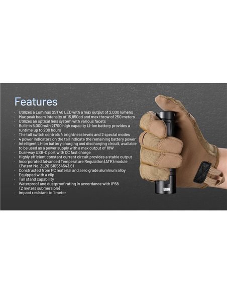 Lampe torche portable MH15, 2 000 lm, portée de 250 m, batterie externe intégrée de 5 000 mAh, puissance de sortie de 18 W.