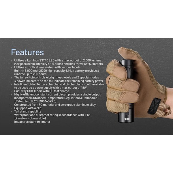 Linterna MH15de mano 2000lm y 250m alcance, 5000 mAh incorporada Power Bank 18W Output