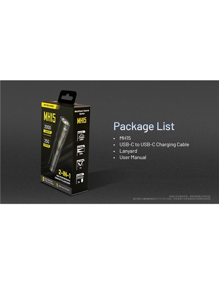 Lanterna portátil MH15 com alcance de 2000lm e 250m, banco de energia integrado de 5000mAh e saída de 18W