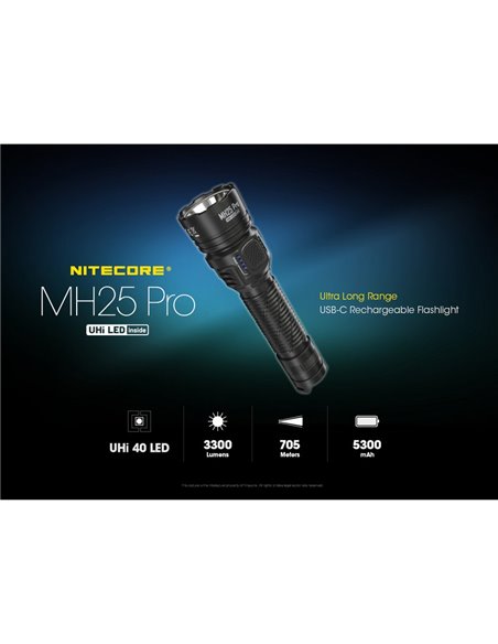 Linterna LED de mano MH25PRO 3300 lúmenes y alcance 705m, batería recargable USB-C NL2153HP 5,300mAh IP68