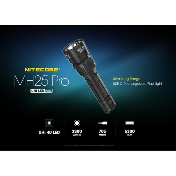 Linterna LED de mano MH25PRO 3300 lúmenes y alcance 705m, batería recargable USB-C NL2153HP 5,300mAh IP68