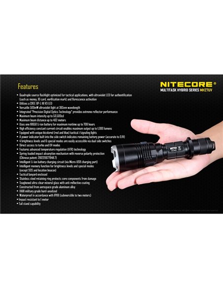 Lampe torche tactique portative MH27UV, mode lumière ultraviolette, 1 000 lm, portée de 462 m, IPX8, submersible, 2 m