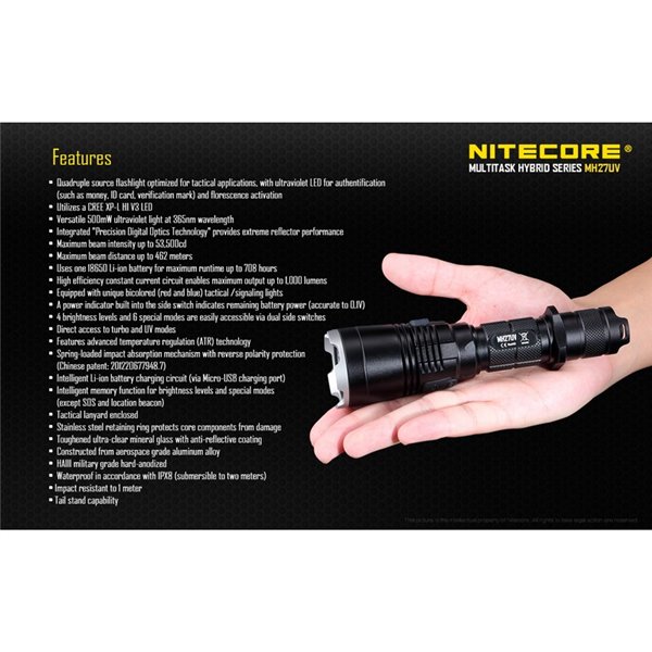 Linterna táctica de mano MH27UV modo luz ultravioleta, 1000Lm y alcance 462 metros IPX8 sumergible 2 metros