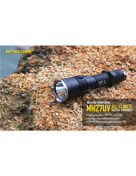 Linterna táctica de mano MH27UV modo luz ultravioleta, 1000Lm y alcance 462 metros IPX8 sumergible 2 metros