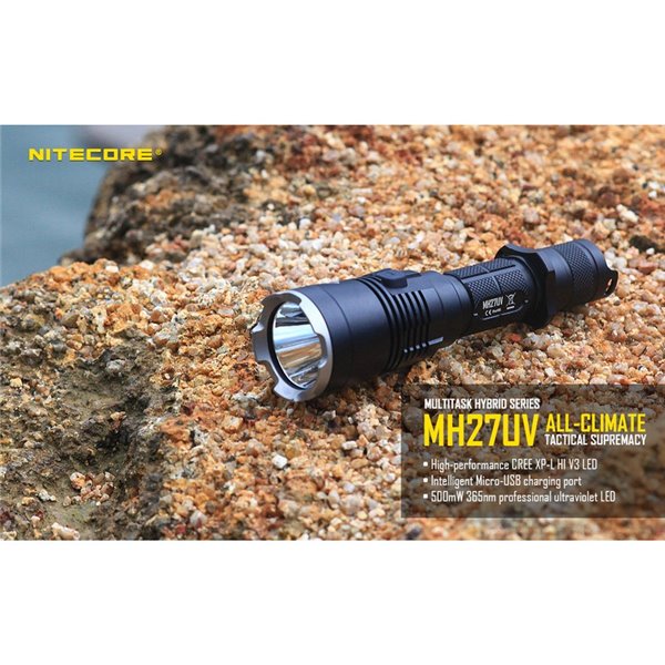 Linterna táctica de mano MH27UV modo luz ultravioleta, 1000Lm y alcance 462 metros IPX8 sumergible 2 metros