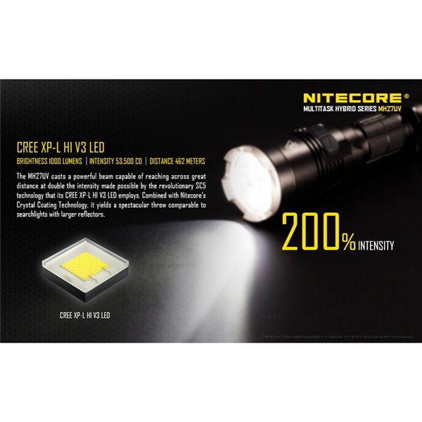Linterna táctica de mano MH27UV modo luz ultravioleta, 1000Lm y alcance 462 metros IPX8 sumergible 2 metros