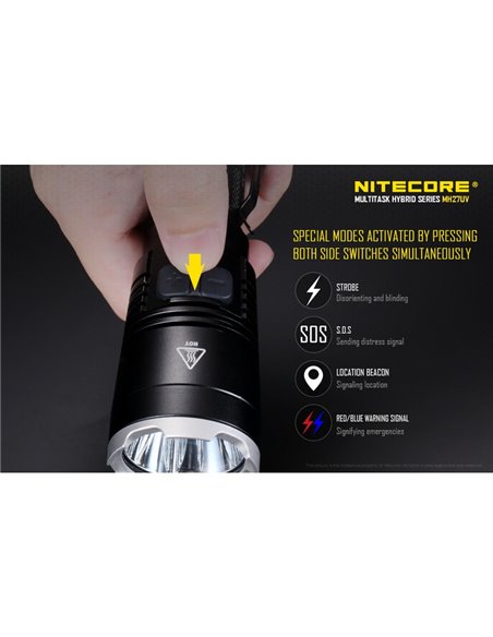 Linterna táctica de mano MH27UV modo luz ultravioleta, 1000Lm y alcance 462 metros IPX8 sumergible 2 metros