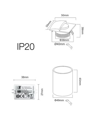 Applique murale LED carrée SKIN blanche 2 W encastrable d'intérieur 3 000 K pour signalisation