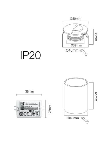 Dimensions du spot de signalisation d'intérieur encastré rond à LED blanc ILO 2 W 3 000 K Beneito Faure