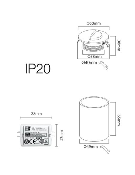 Dimensions du spot de signalisation d'intérieur encastré rond à LED blanc ILO 2 W 3 000 K Beneito Faure