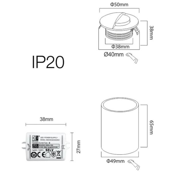 Medidas da luz de sinalização interna embutida LED branca redonda ILO 2W 3000K Beneito Faure