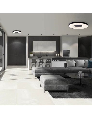 Luminária de teto LED tipo moeda preta com controle remoto 3 tamanhos disponíveis ambiente