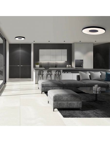 Luminária de teto LED tipo moeda preta com controle remoto 3 tamanhos disponíveis ambiente